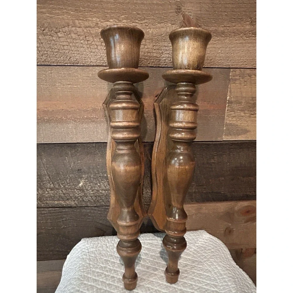 Vintage 60's Pair of Turned Wood Wall Hanging Candle Holders 16